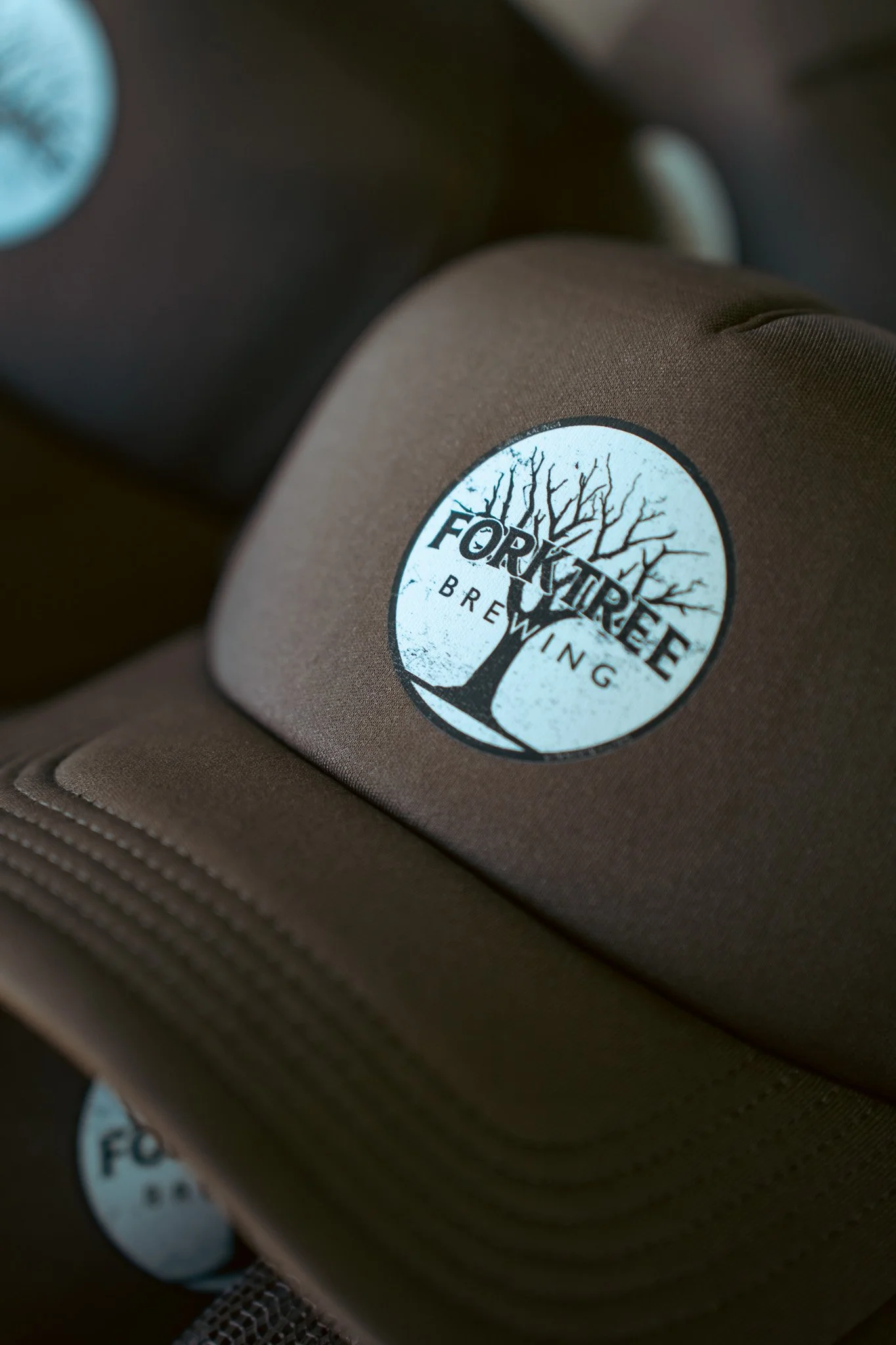 Close-up of a brown cap with a circular logo of 'Fork in the Tree Brewing,' featuring a tree with leafless branches.