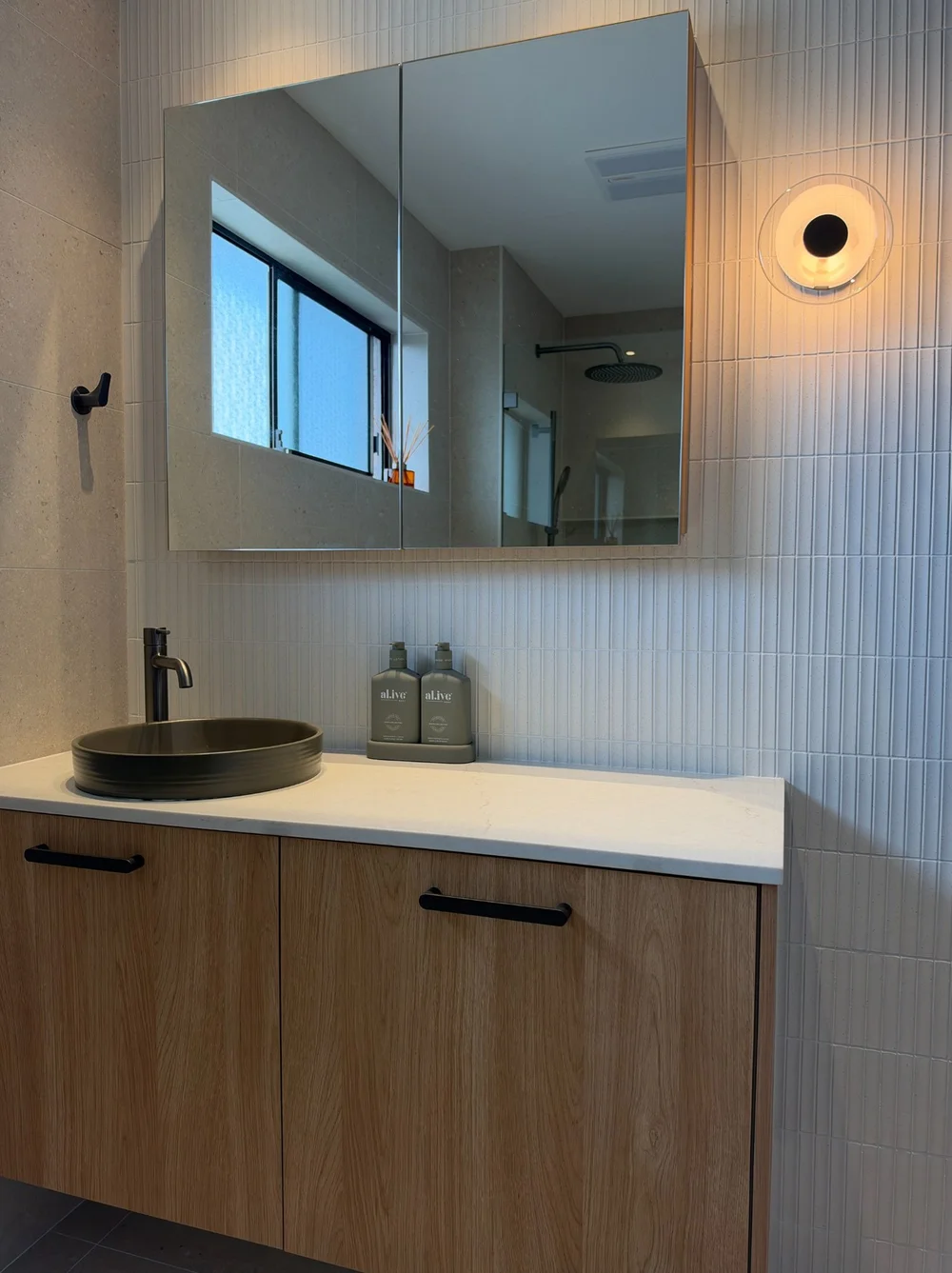 Engadine bathroom vanity with timber and stone