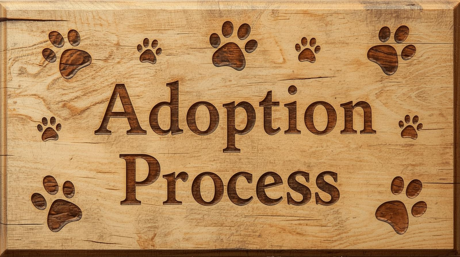 Wooden sign with the words "Adoption Process" and paw print cutouts.