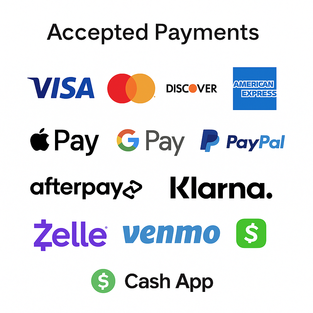 A list of accepted payment methods including credit cards, digital wallets, and payment apps with their logos. Logos featured are Visa, Mastercard, Discover, American Express, Apple Pay, Google Pay, PayPal, Afterpay, Klarna, Zelle, Venmo, Cash App, and dollar sign icons.