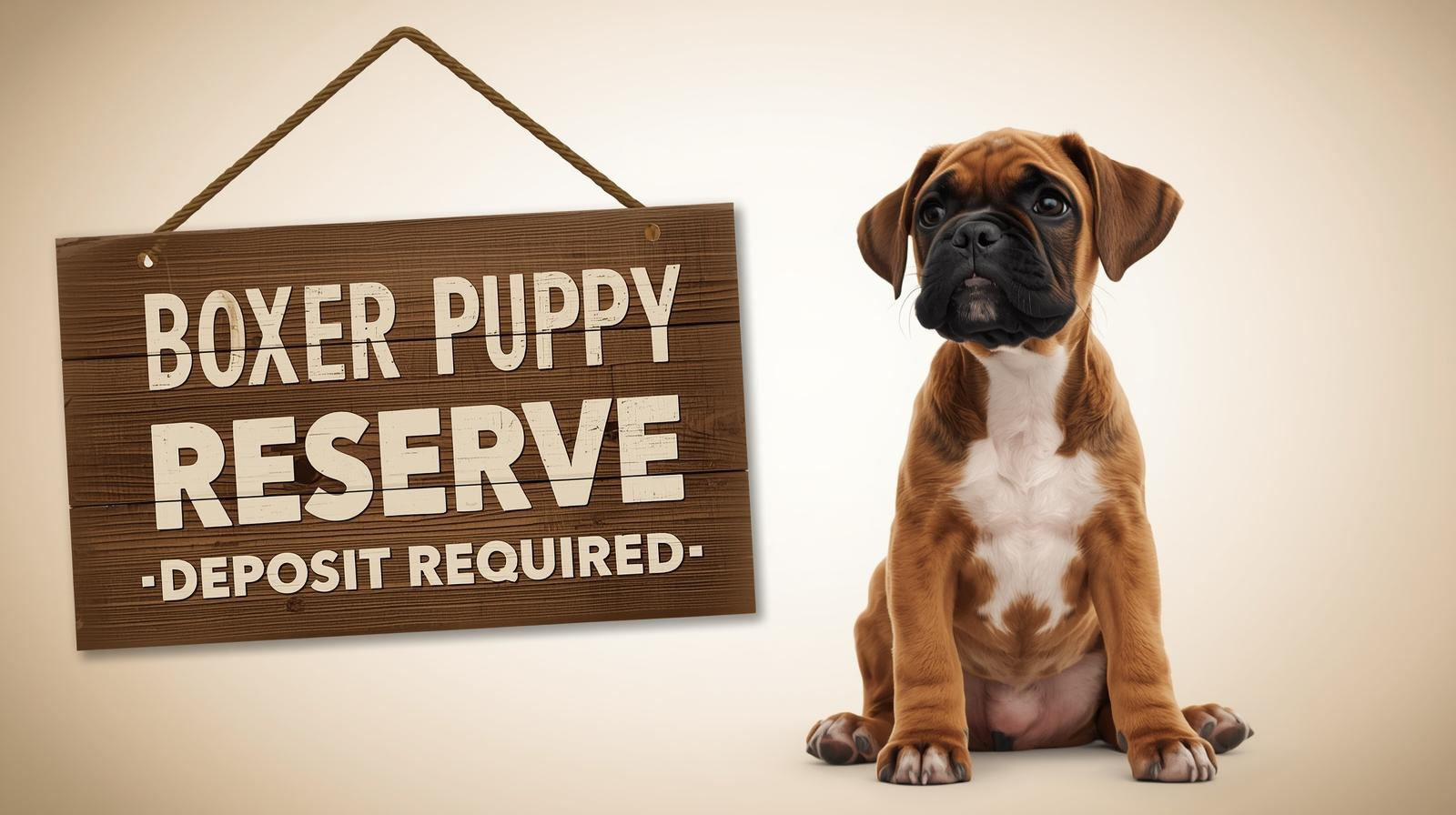 Illustration of a Boxer puppy, along with text that says Boxer Puppy" and "Reserve with Deposit" on a beige background