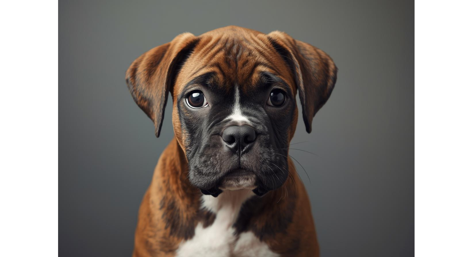 Close-up of a Boxer puppy with a brindle coat, looking directly at the camera.