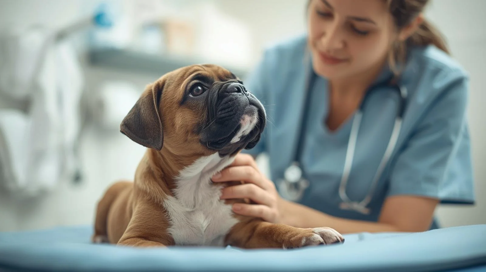 Veterinarian in scrubs examining a Boston Bulldog at a veterinary clinic.