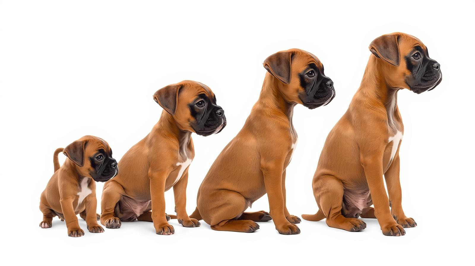 Series of four Boxer puppies decreasing in size from right to left against a white background.