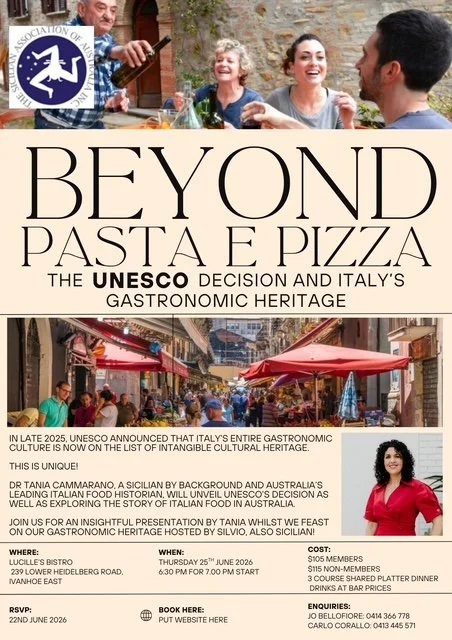 Flier for upcoming talk by Dr Tania Cammarano from The Sicilian Association of Australia