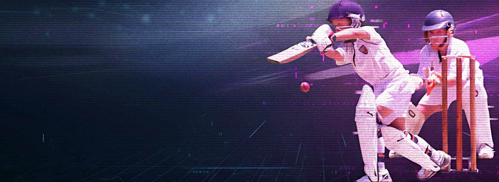 Digital illustration of two children playing cricket, with a large digital or virtual background featuring pink and purple hues and a grid pattern.