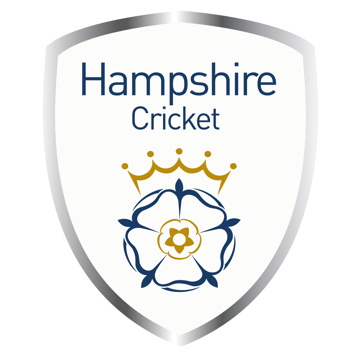 Shield-shaped Hampshire Cricket logo with the words 'Hampshire Cricket' and a floral and crown emblem in gold and blue.