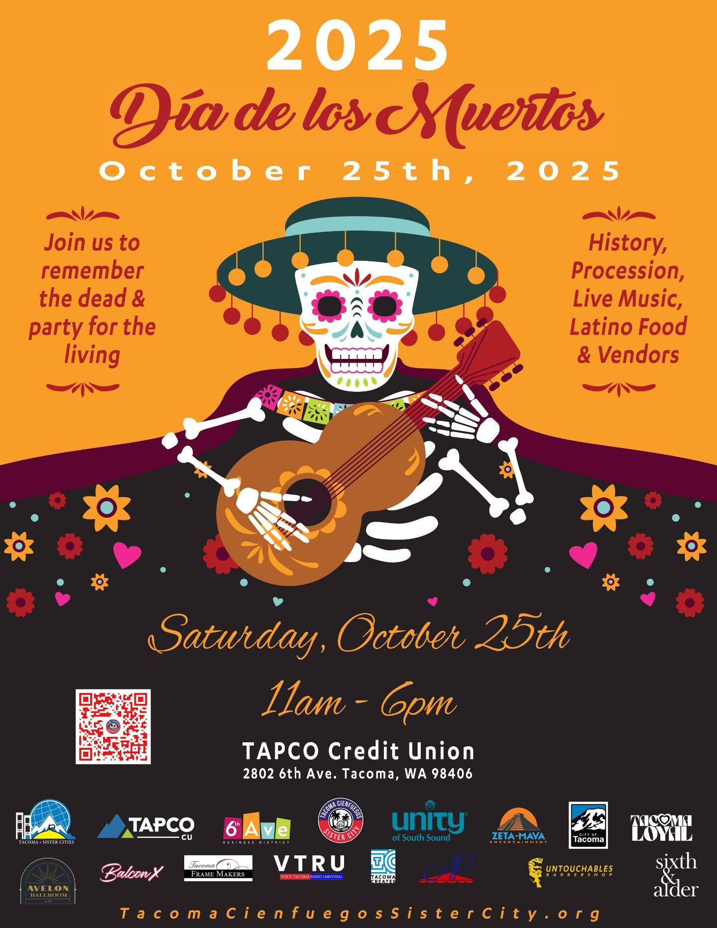 Join us this Saturday, October 25th for the 2025 D&iacute;a de los Muertos celebration. Located at the TAPCO 6th Ave branch (2802 6th Ave, Tacoma), from 11am to 6pm. The celebration will feature traditional music and food, local art and activities fo