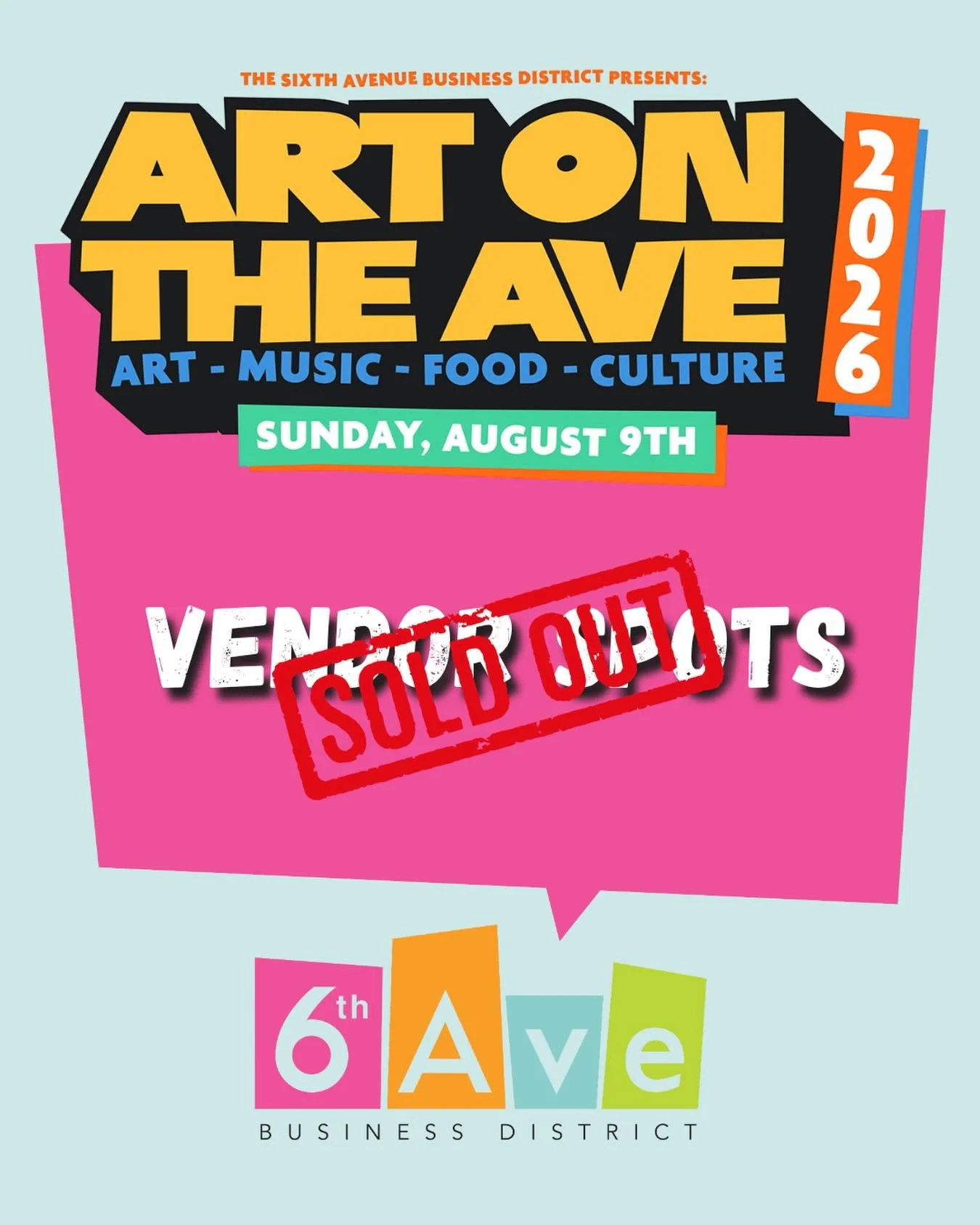 We are overwhelmed at the vendor response this year for Art on the Ave! We are two months away and you guys have sold us out! We still have spots for 6th Ave Business district members and Beer Gardens. 

We may end up being able to release more spots