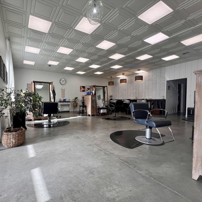 Empty modern hair salon or barber shop with styling chairs, mirrors, plants, and bright ceiling lights.