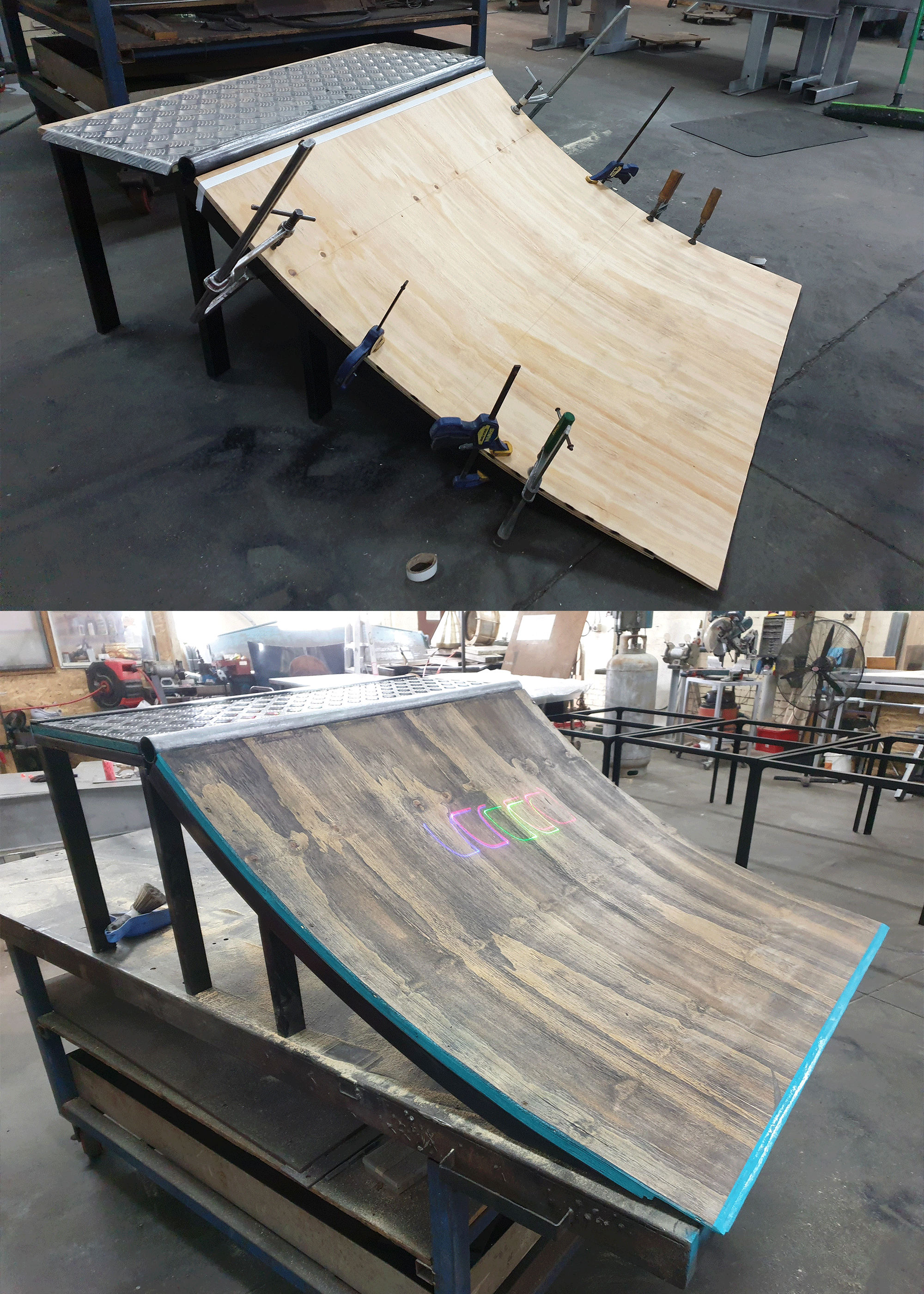 Custom made quarter pipe skateboard ramp with custom wood finish