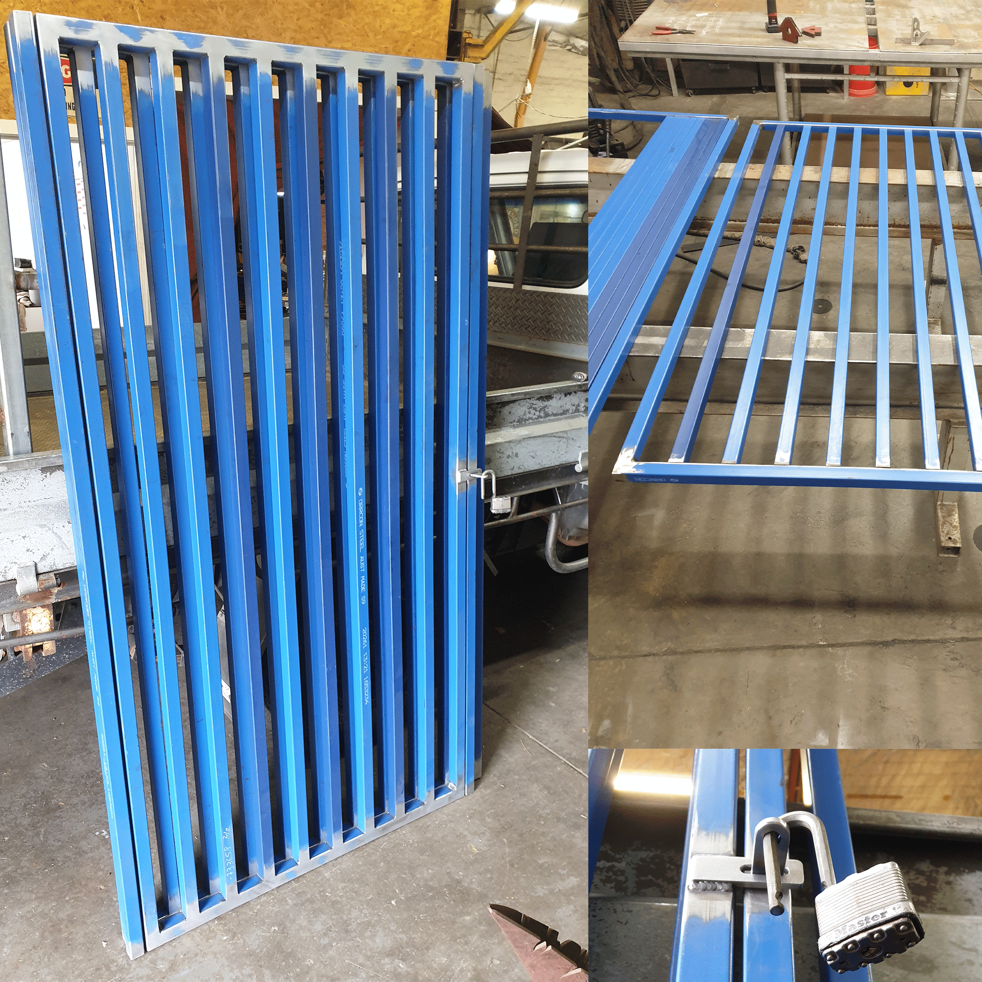 Custom premium high security steel metal gate with vertical bars secured with lock