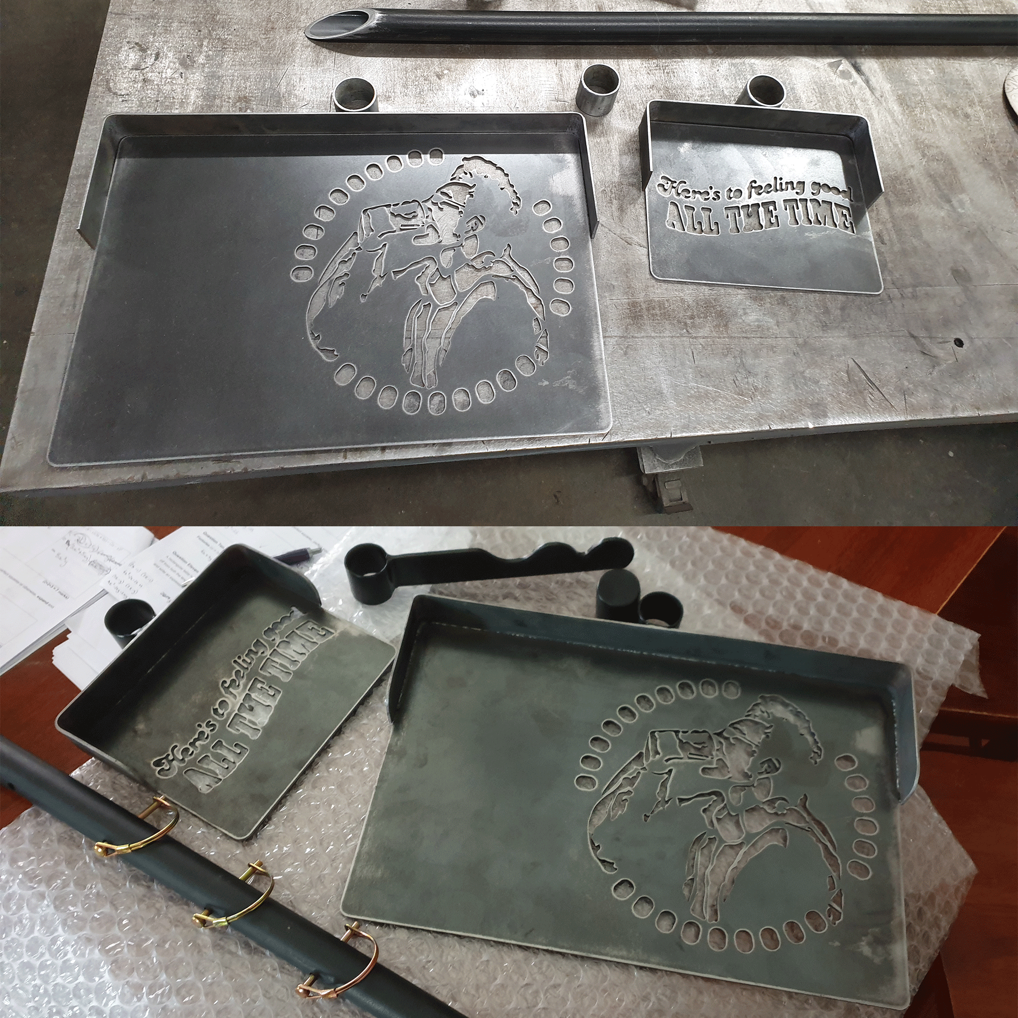 cutout design custom portable camping grill and billy hook with engraved text that says, "Here's to feeling good all the time." 