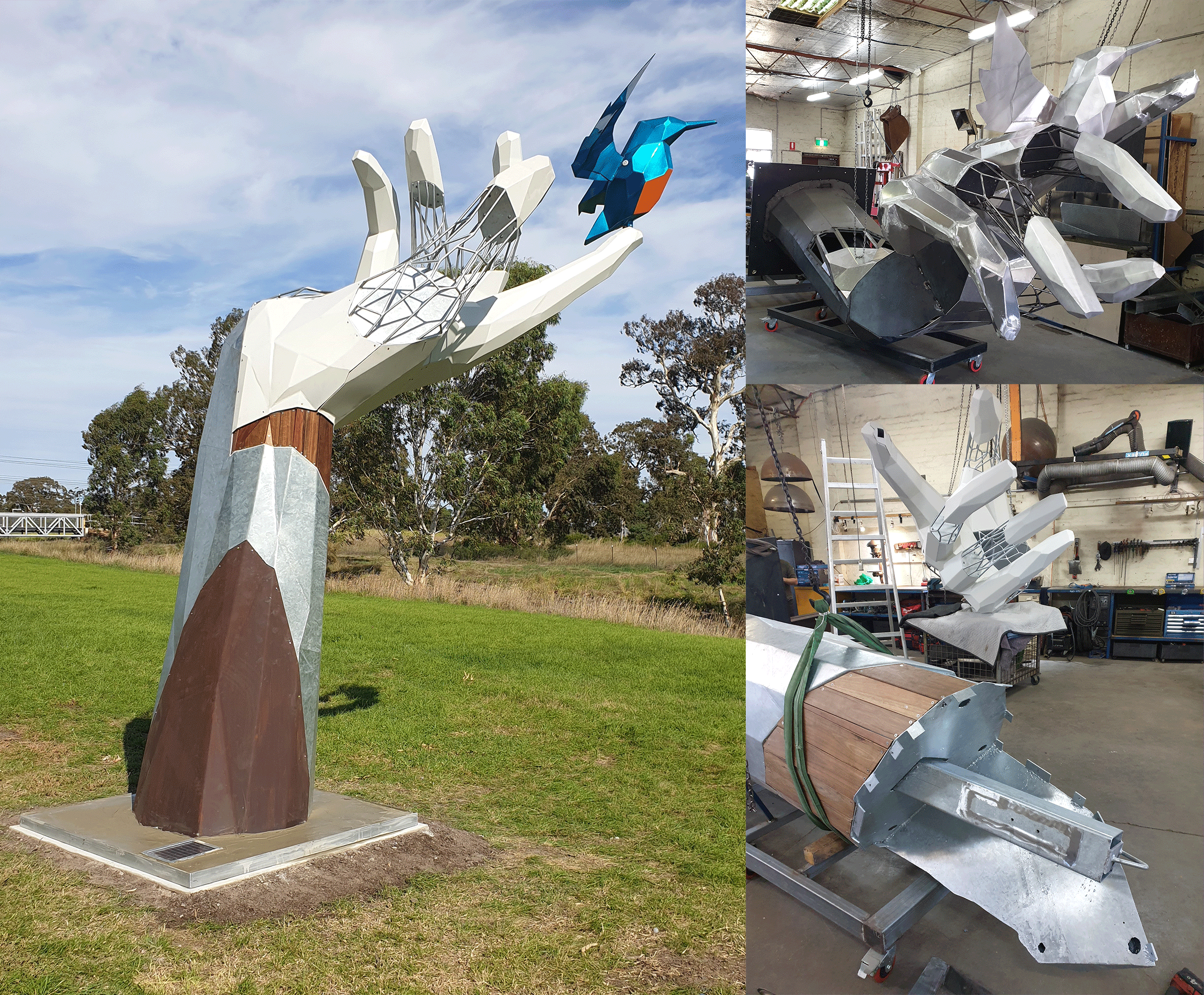 Large outdoor wood and metal hand sculpture with powder coated blue bird with rechargable Solar lighting installed in outdoor sculpture