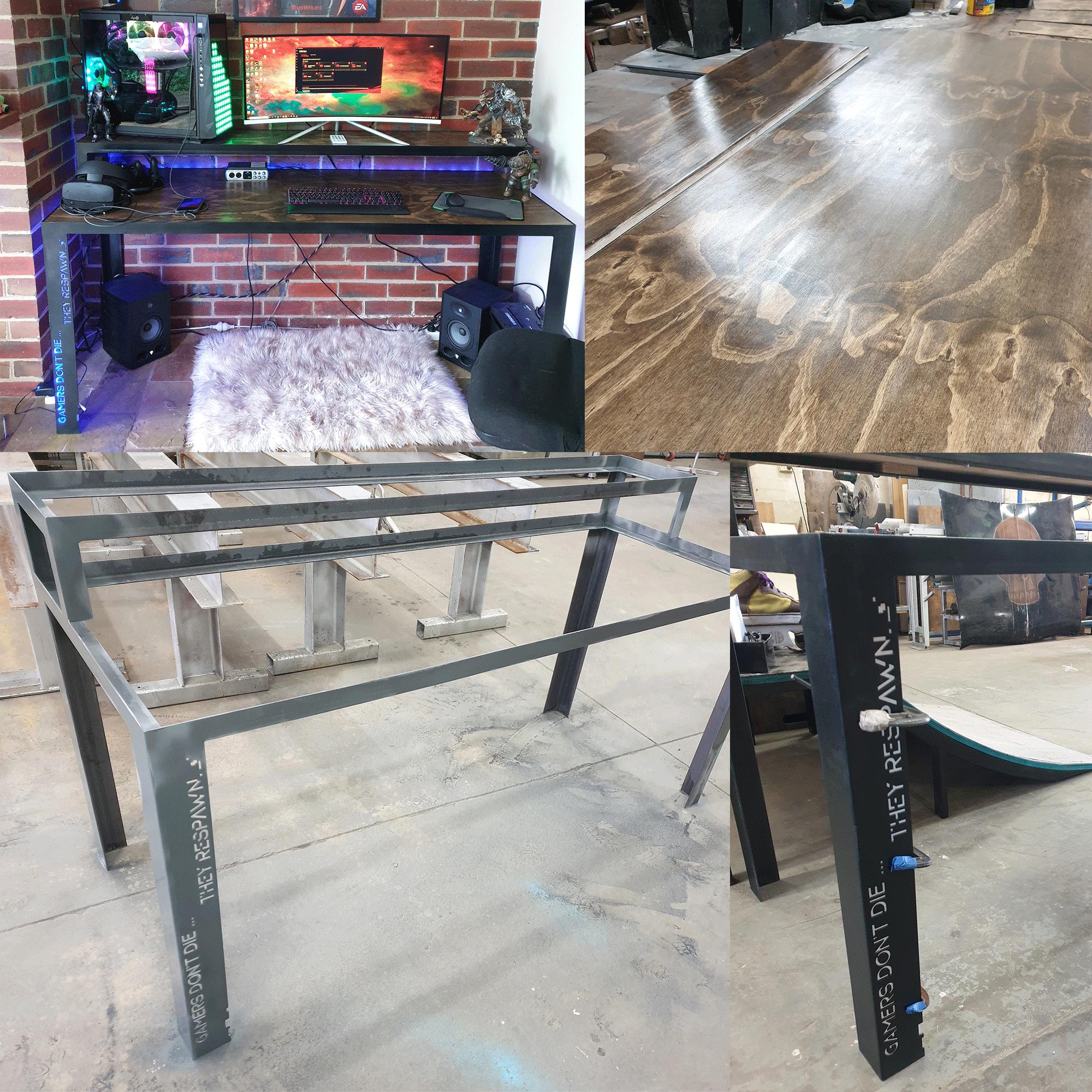 Custom black LED steel gaming desk with custom logo/design leg cutout