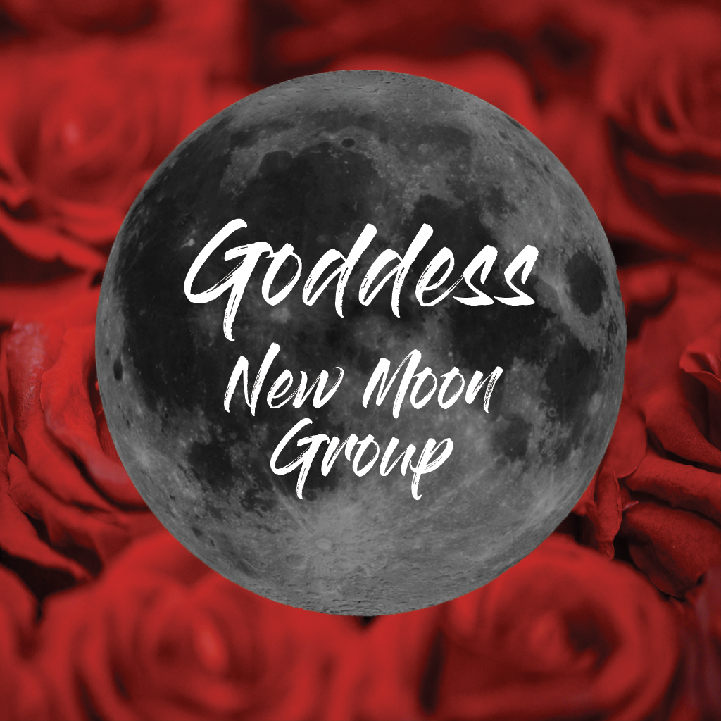 The image shows the full moon with red roses in the background. Overlaid text reads 'Goddess New Moon Group'.