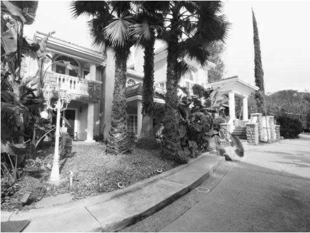 A large, elegant two-story house with columns and balconies, surrounded by tall palm trees and lush plants. There is a decorative street lamp in the front yard and a curved sidewalk in the foreground.