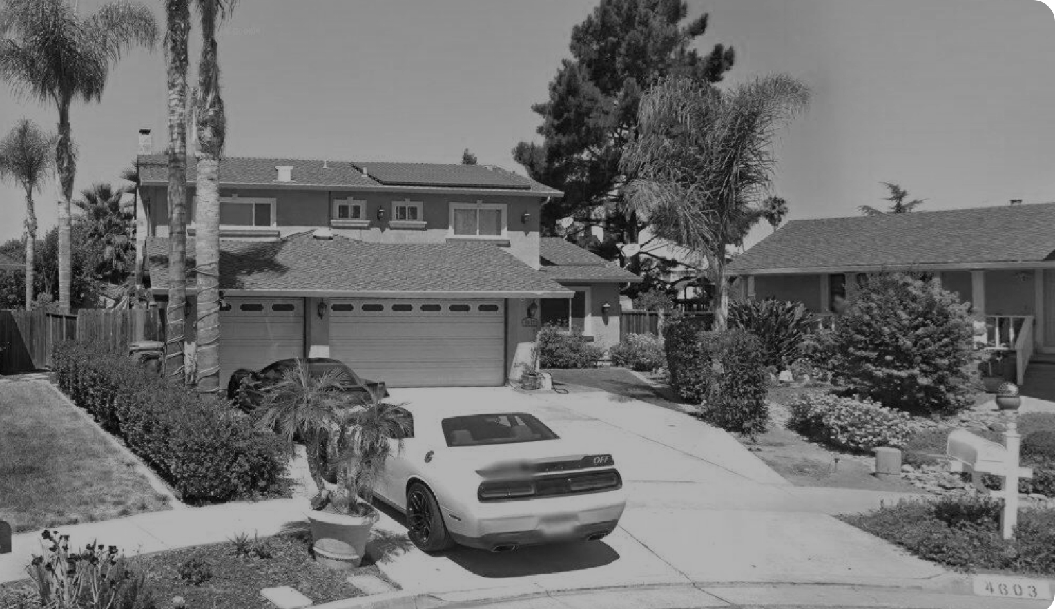 A residential house with a driveway, a parked sports car, and a garden with trees and bushes.