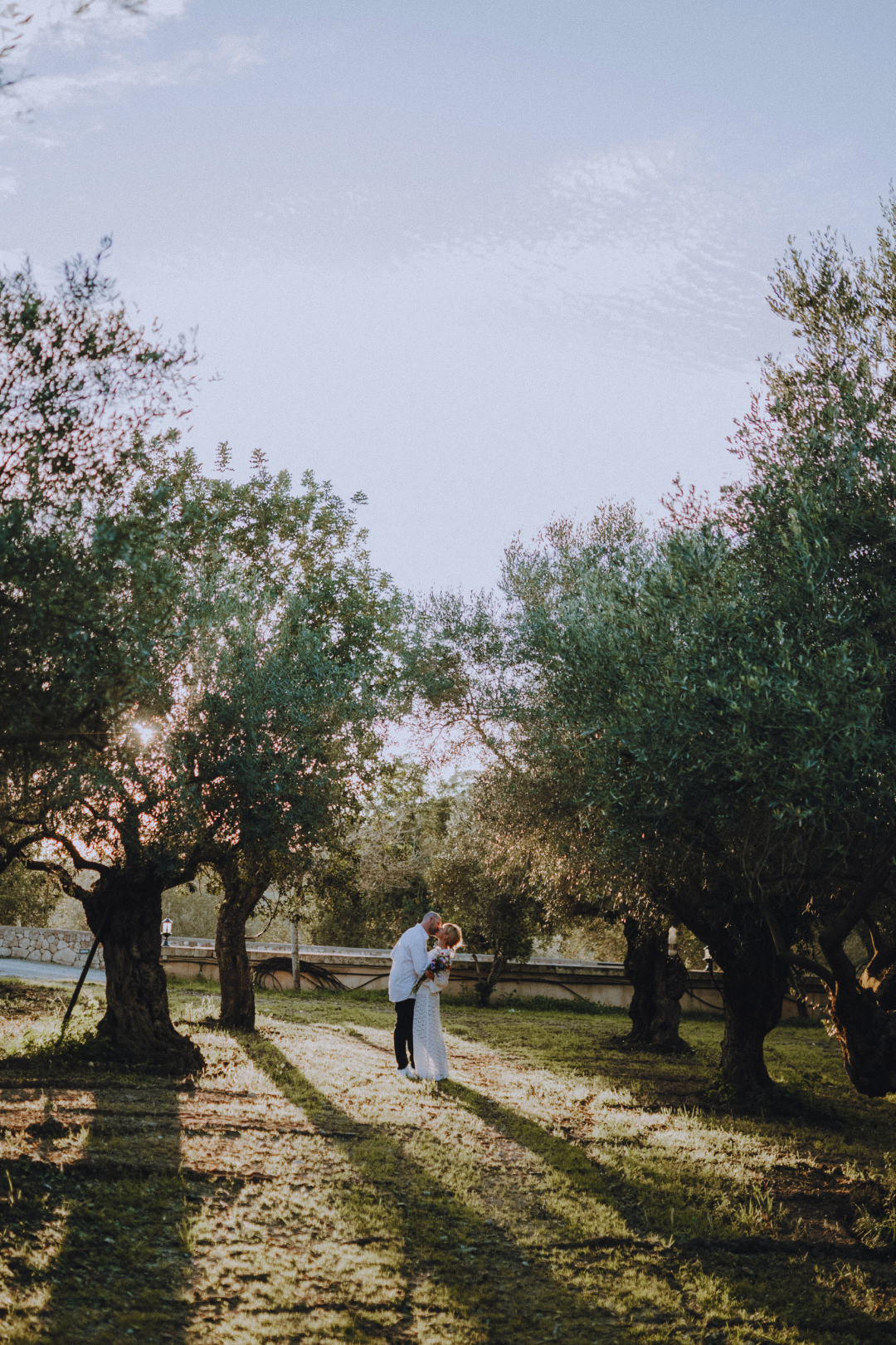 Ein Paar in formeller Kleidung küss sich unter Olivenbäumen bei Sonnenuntergang.