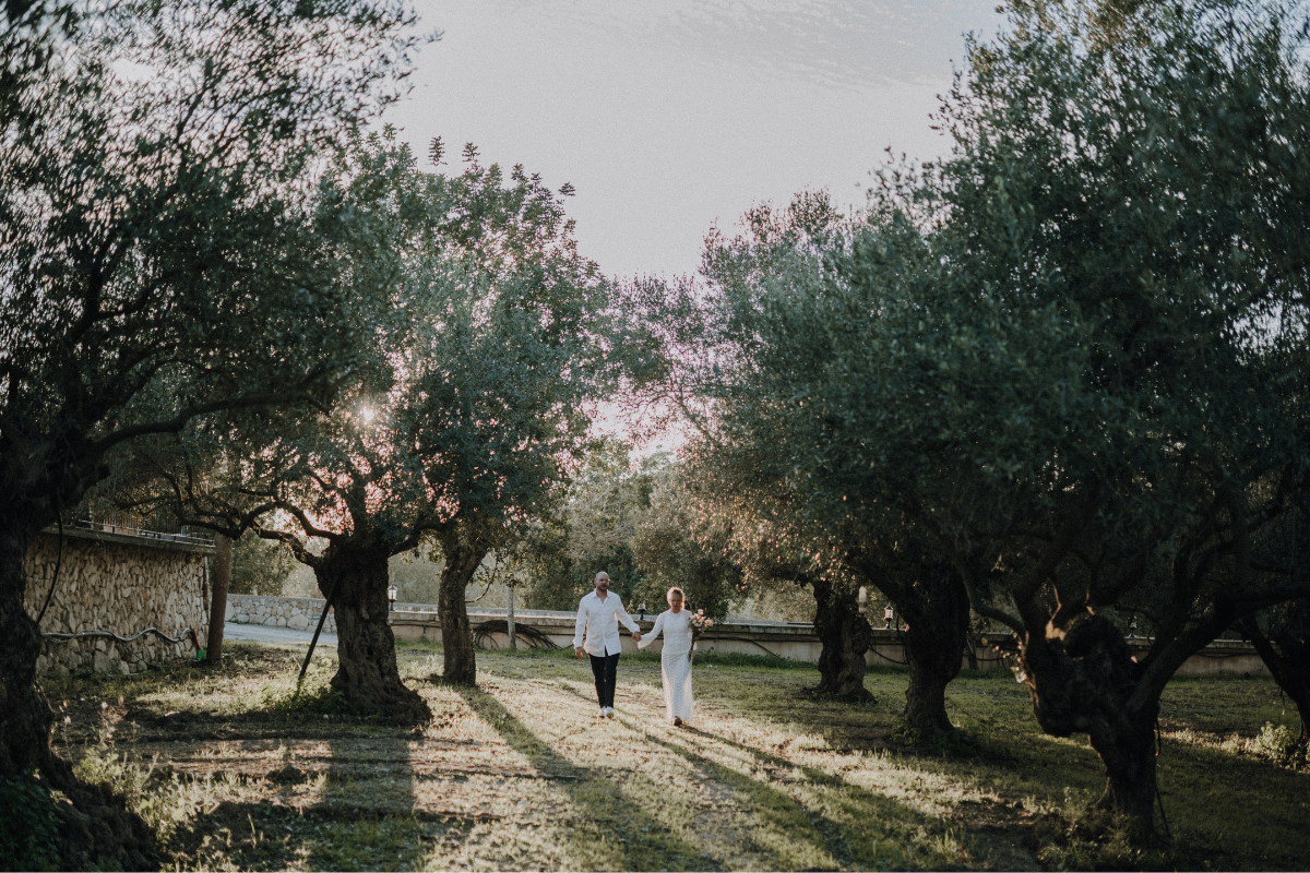 Ein Paar in weißen Kleid und Hemd spaziert abends durch einen Obstgarten mit vielen Bäumen, Sonnenlicht scheint durch die Äste.