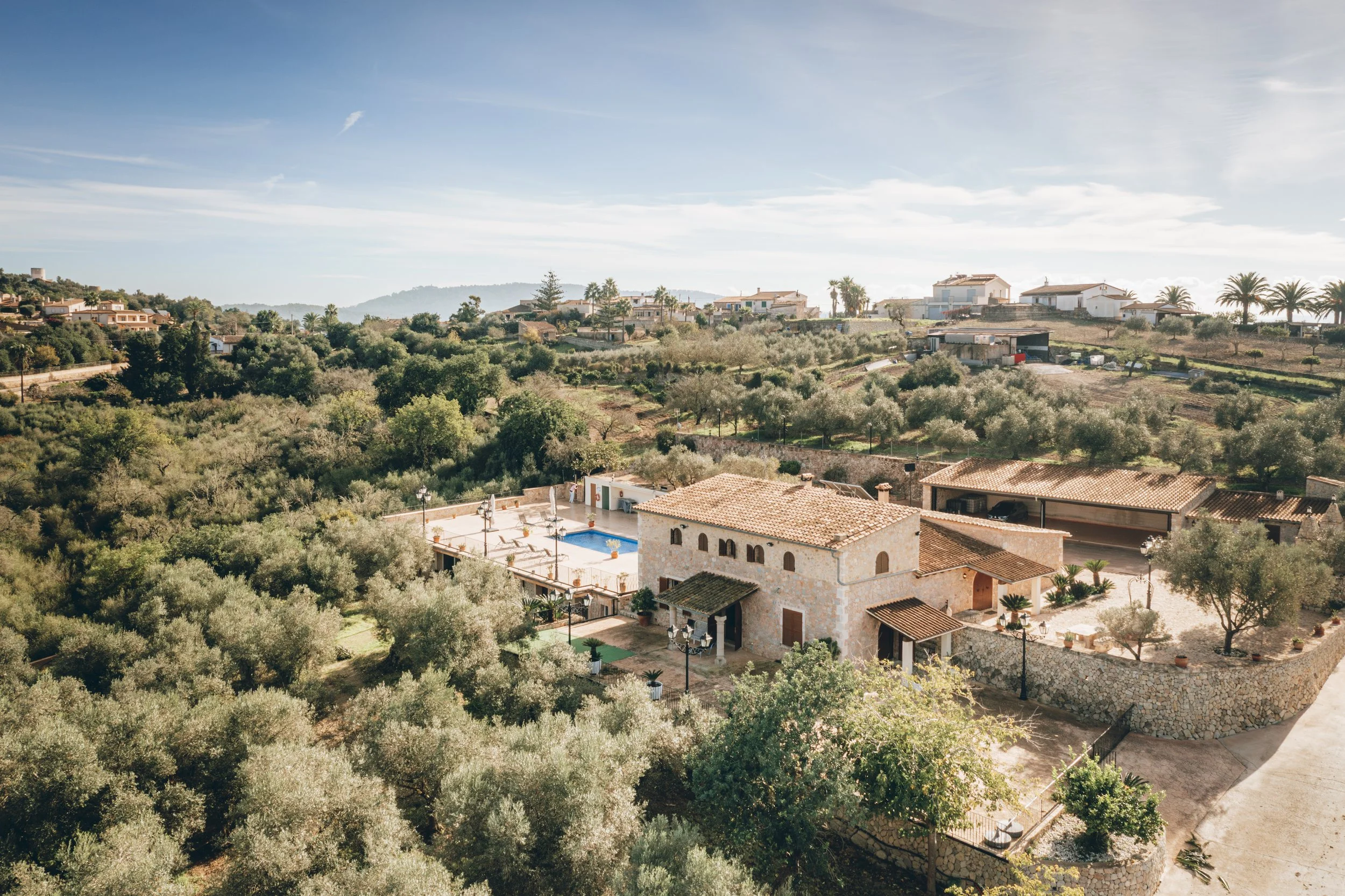 Landschaft mit Häusern, Olivenbäumen und einem Pool im Vordergrund unter blauem Himmel