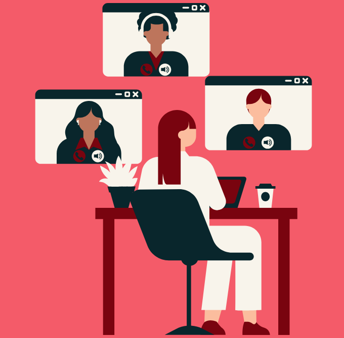 an illustration of a person sitting at a desk with a laptop, three screens float around, above them. Each screen has a person in it as if on a video call.