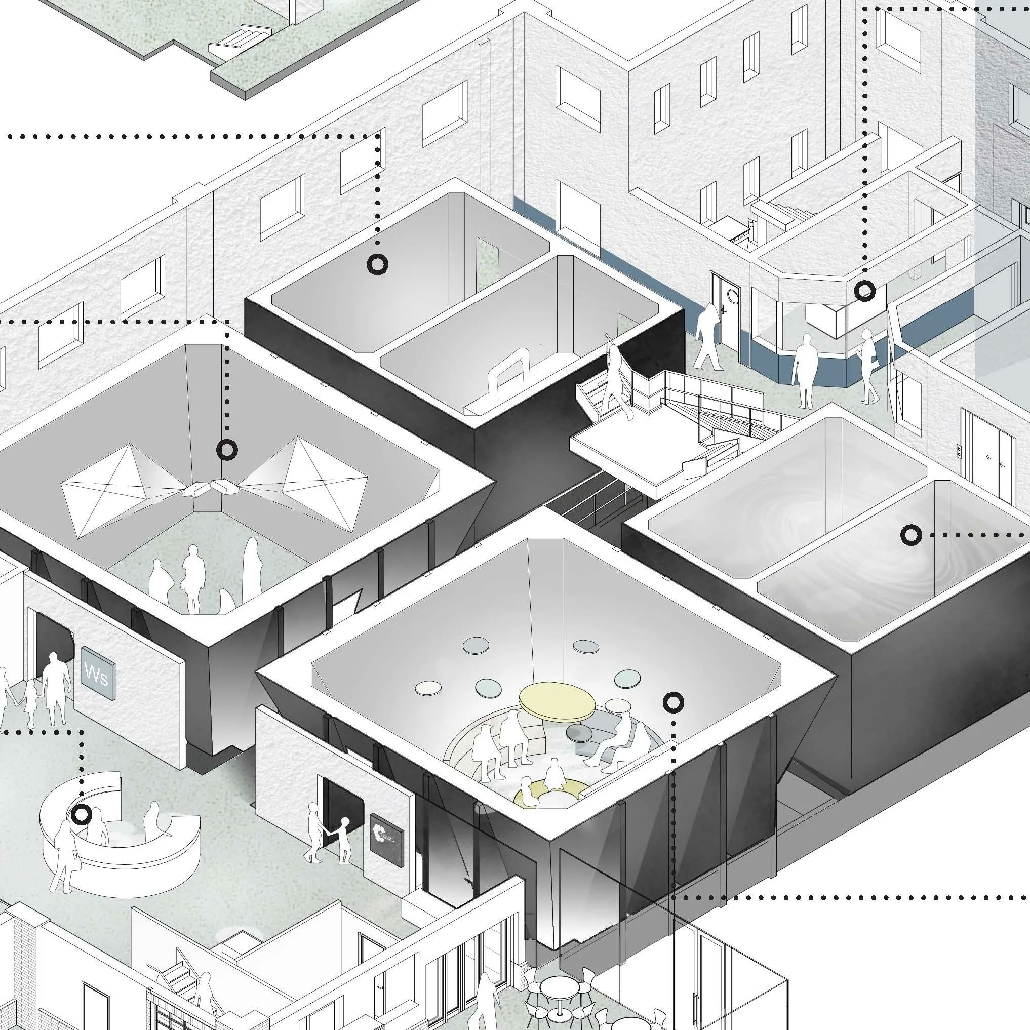 isometric view of an office building with multiple rooms, including meeting rooms, hallway, and lounge areas, with people walking and sitting indoors.