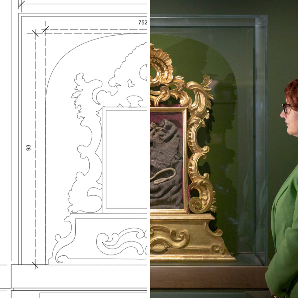 Half of the image shows a blueprint drawing of an ornate picture frame molding, the other half shows a golden, decorative baroque-style frame displayed in a glass case with a cloth inside, and a woman in a green jacket looking at it.