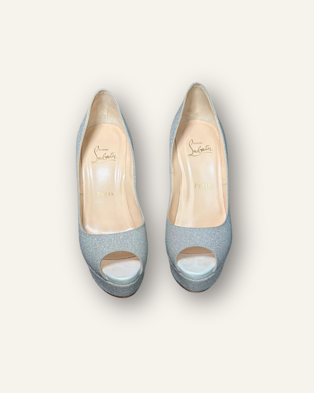Christian Louboutin Fetish Peep 150 Glitter Pumps – AB/Snow – Size 38.5