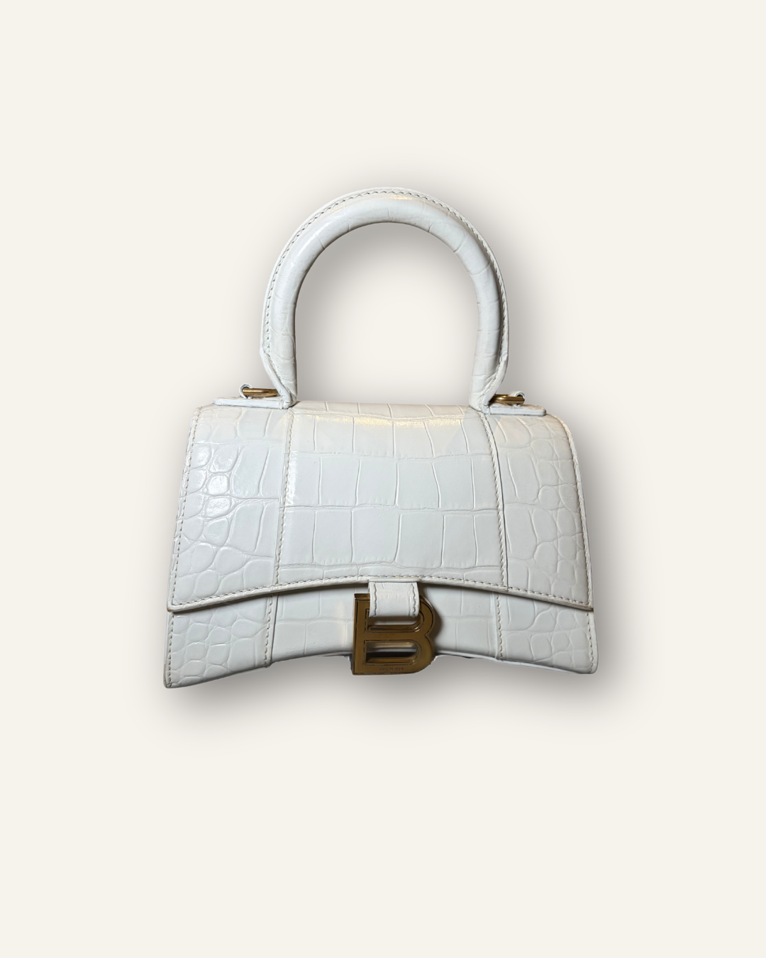 Balenciaga Hourglass XS – White Crocodile Embossed Leather with Gold Plaque