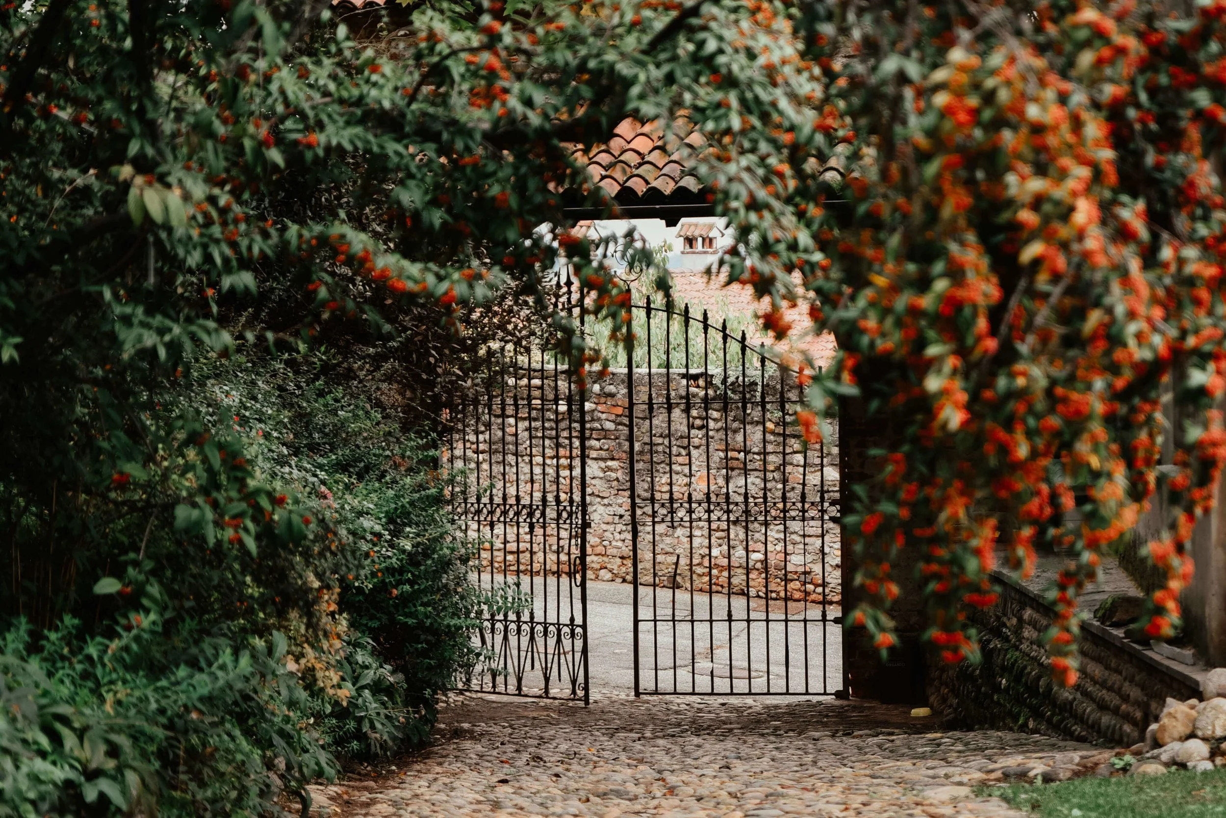 Cancello in ferro tra alberi e piante con foglie verdi e bacche rosse, strada di ciottoli e muro di pietre sullo sfondo. Piemonte – Castello di Cavagliano, Novara