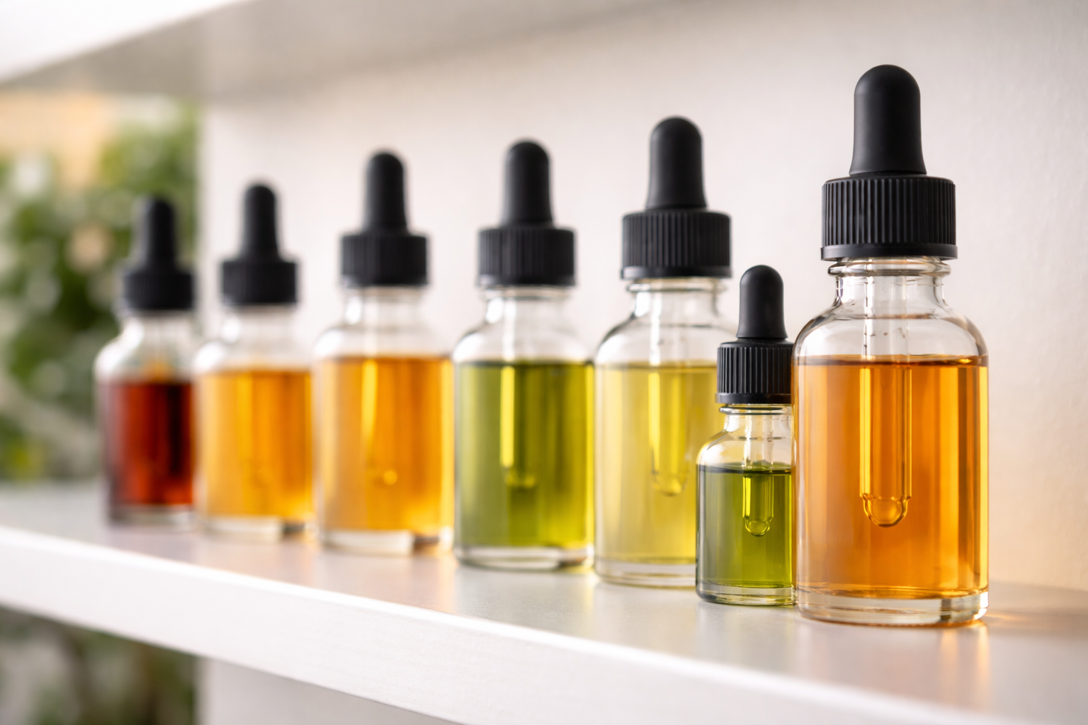 A row of glass dropper bottles filled with colorful liquids, arranged on a white shelf.