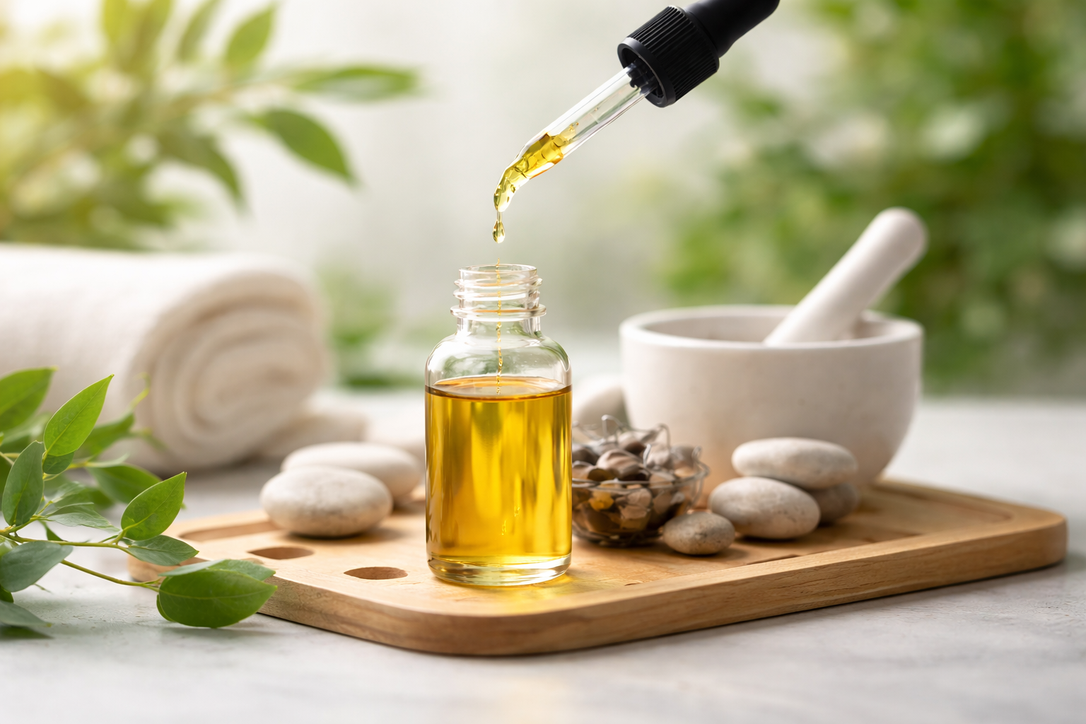 A glass dropper releasing oil into a small glass bottle on a wooden tray, surrounded by spa stones, a mortar and pestle, a rolled towel, and green leaves, with a blurred green background.