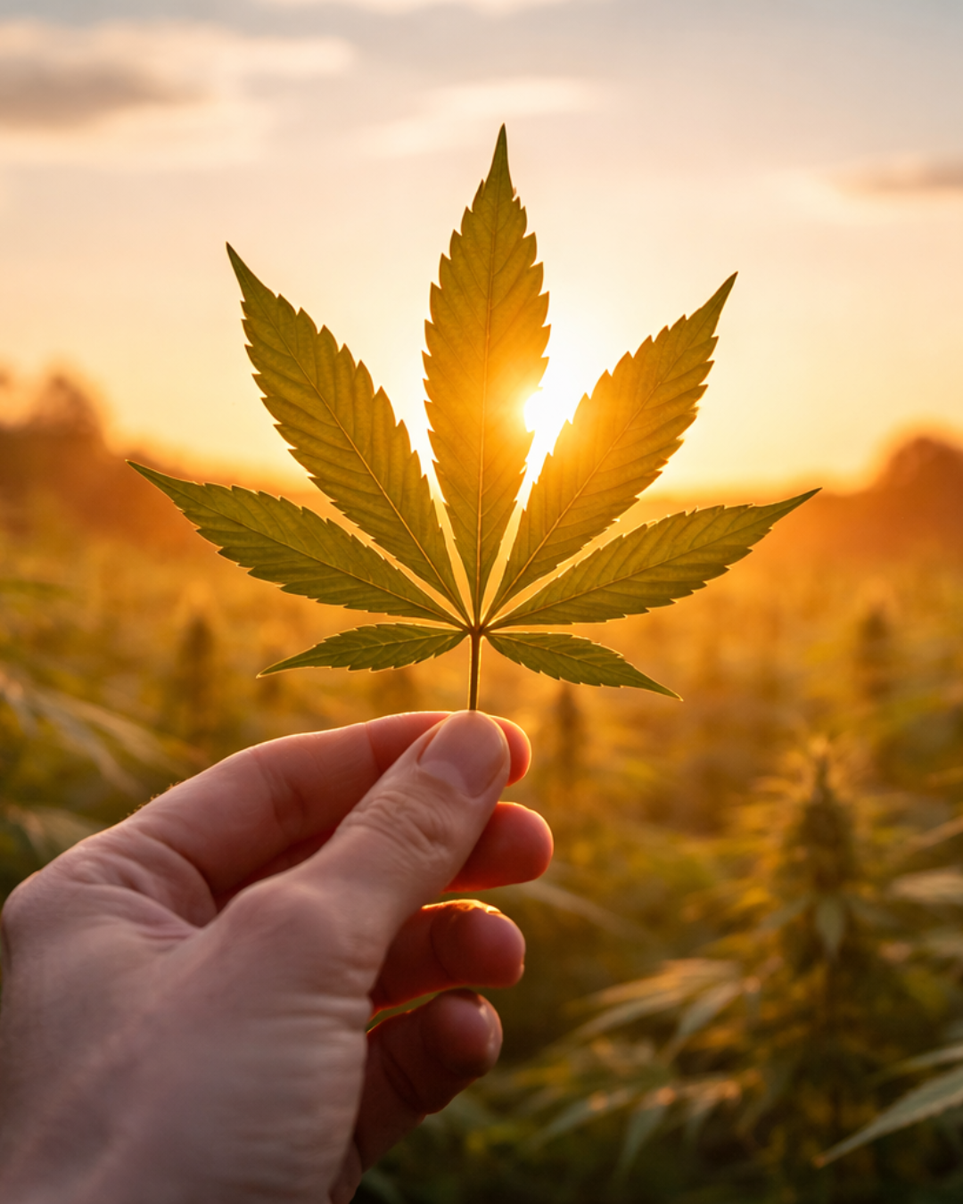 A hand holding a cannabis leaf with the sun shining behind it during sunset in a field of cannabis plants.