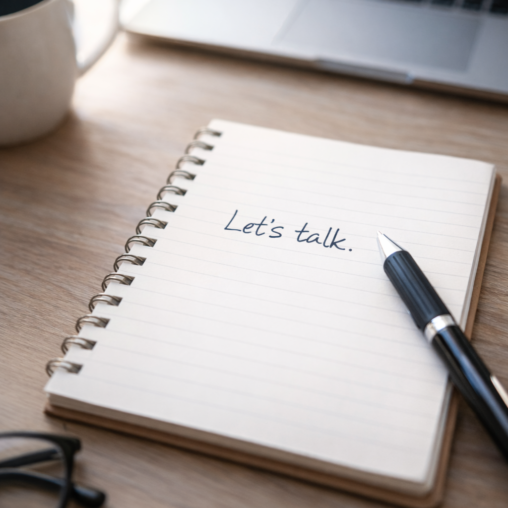 Open notebook on a wooden desk with the words "Let's talk." written on a page. A black pen is resting on the notebook, and a coffee mug and some papers are also visible on the desk.