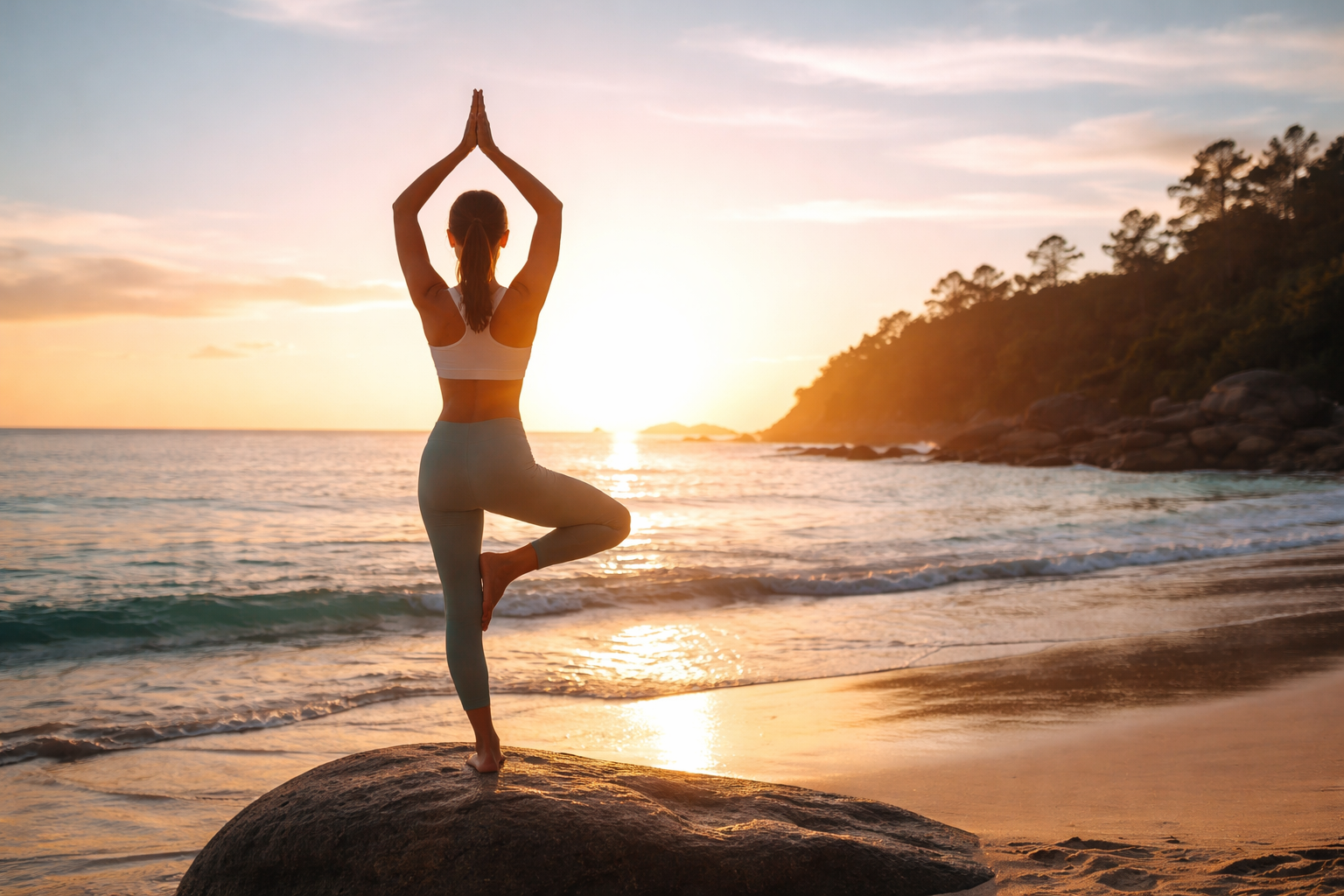A woman practicing yoga in tree pose on a rock on the beach at sunset.