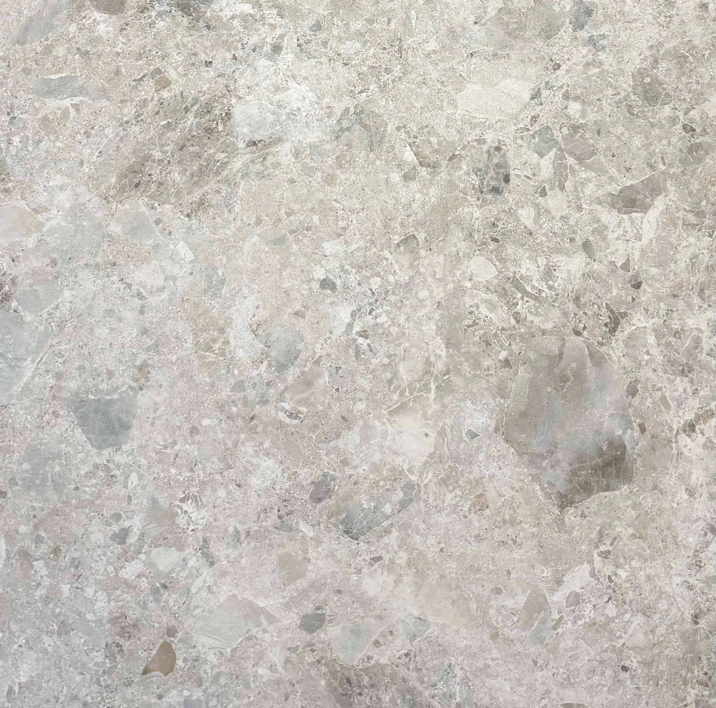 Close-up of a textured, light-colored stone or marble surface with various shades of beige, gray, and subtle pinkish tones.