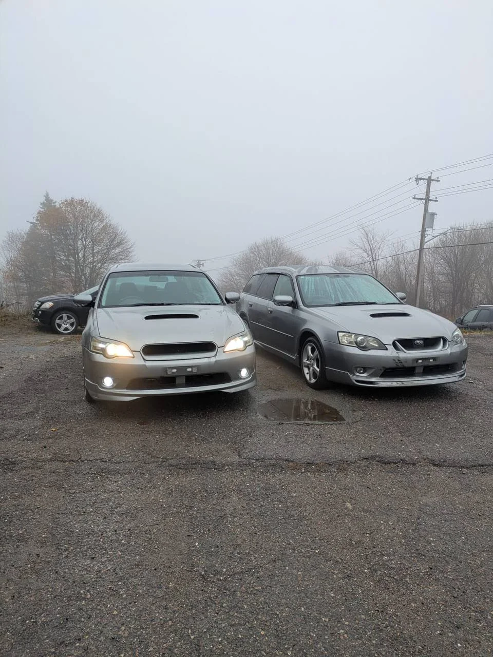 Two silver cars parked side by side on a gravel lot with a foggy background and leafless trees.