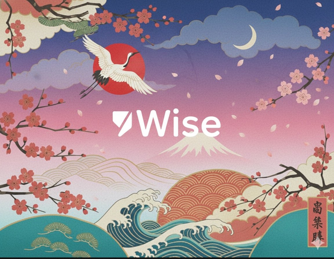 An artistic illustration featuring cherry blossoms, a crane flying in front of a red sun, Mount Fuji, ocean waves, and a crescent moon, with the word 'Wise' in the center.