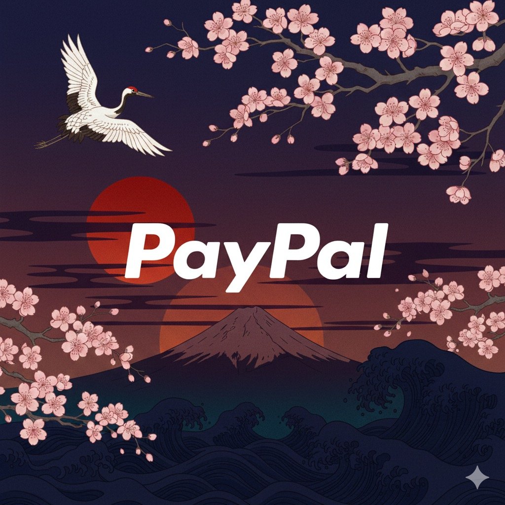 Illustration of Mount Fuji with ocean waves, cherry blossom branches, a flying crane, a red sun, and clouds against a dark sky, with the PayPal logo in the center.