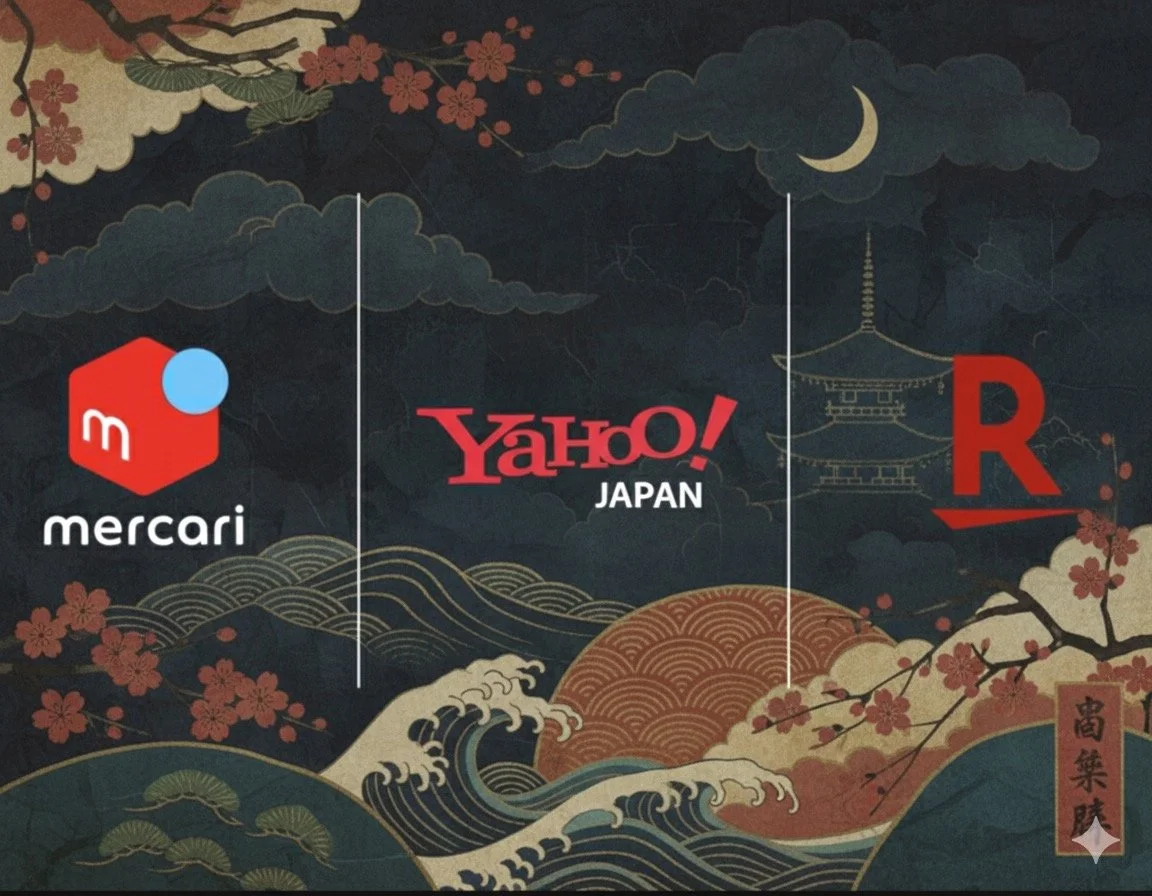Traditional Japanese artwork featuring cherry blossoms, a pagoda, ocean waves, and a crescent moon with the logos of Mercari, Yahoo! Japan, and Rakuten.