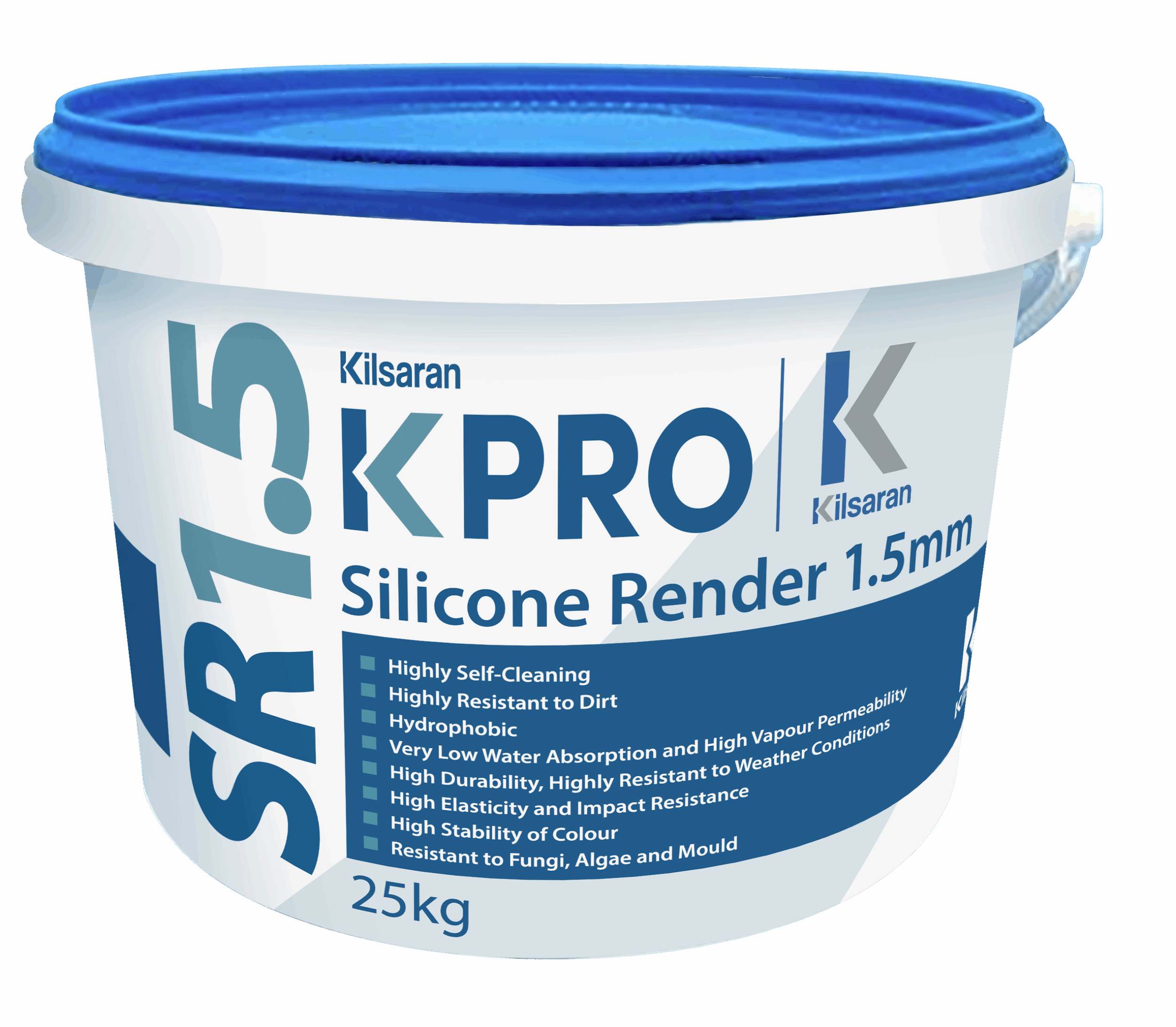 Bucket of Kilsaran K PRO silicone render 1.5mm, 25 kg, blue and white label with product features listed, blue lid, against a blue background.