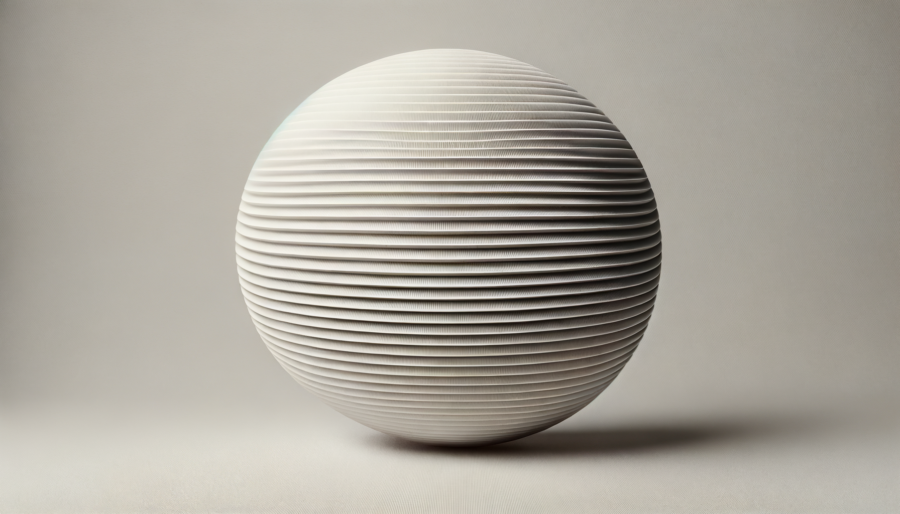 A spherical object with horizontal ribbed lines, resembling a modern textured sculpture or design element, placed on a plain neutral background.