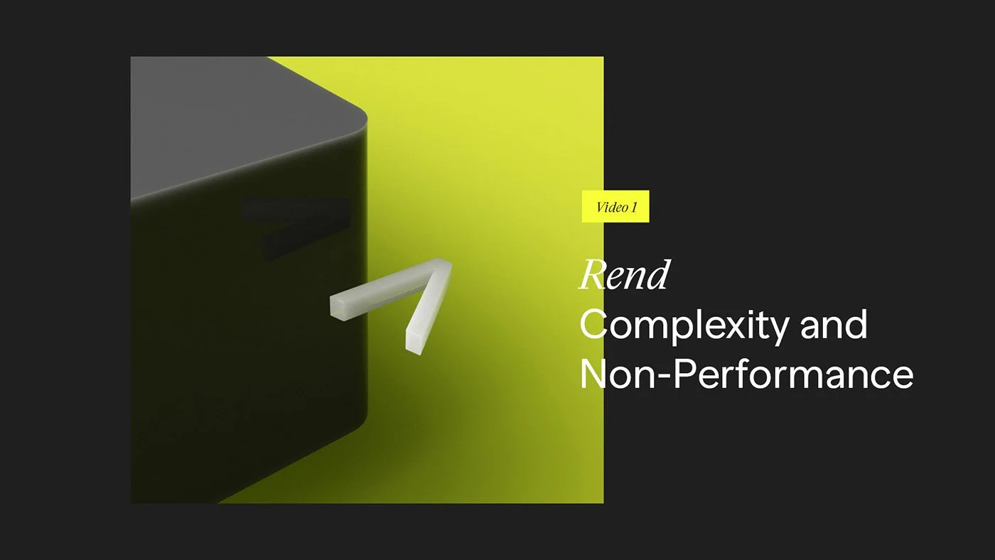 A slide from a presentation titled 'Render Complexity and Non-Performance'. The slide has a black background with a yellow accent and features a 3D geometric shape with black, yellow, and white surfaces. The shape appears to be a combination of beveled and curved angles. The title of the slide is on the right side