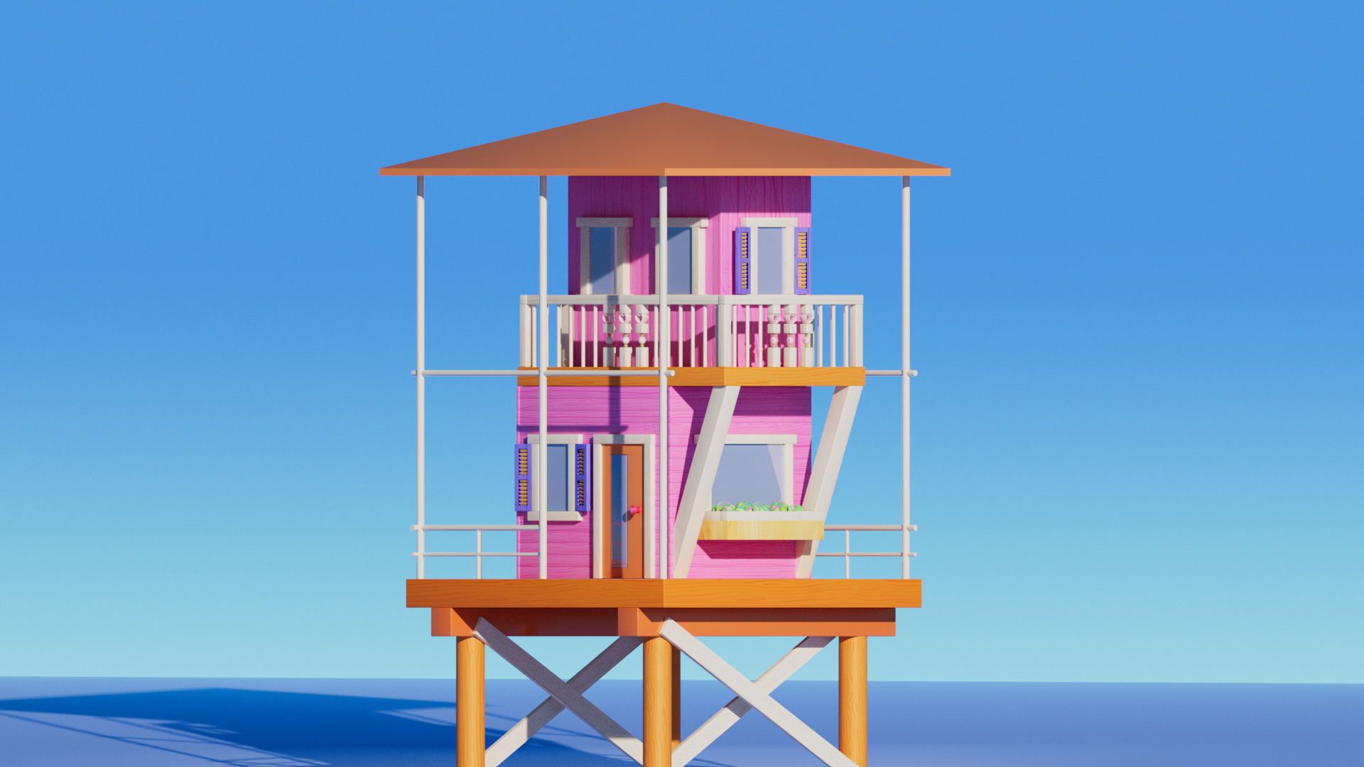 Colorful beach house with pink walls, orange roof, and white railings on stilts over water, against a clear blue sky.