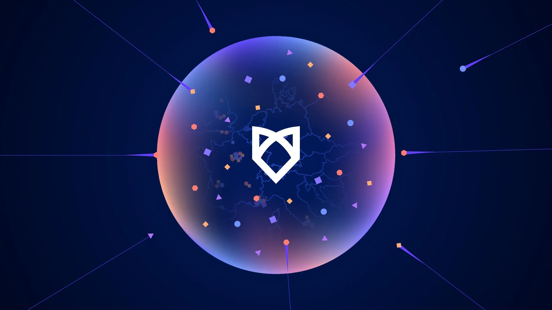 A digital illustration of a sphere with lightning inside, surrounded by colorful geometric shapes and lines radiating outward, with a white shield and sword emblem at the center.