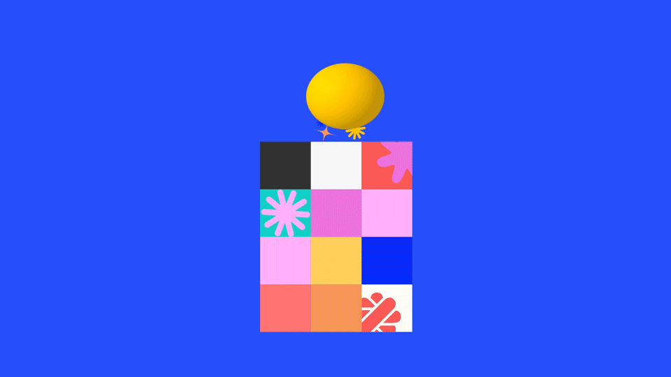 A yellow ball with a bird’s beak and tail perched on a multicolored block with floral and geometric patterns, against a blue background.
Playful ball, bouncing, animated in motion design. 2D, colorfull.
Freelance, Malt