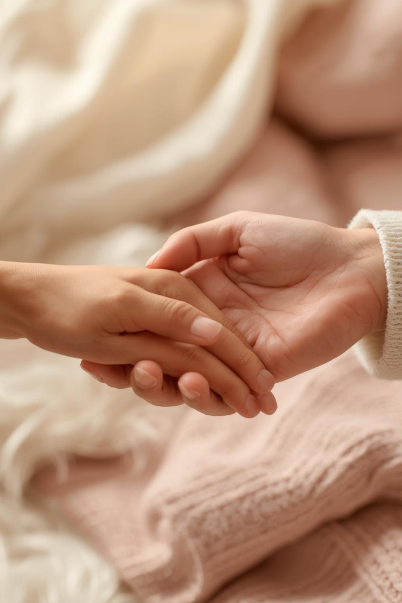 Close-up of two people gently holding hands, symbolizing emotional connection and support