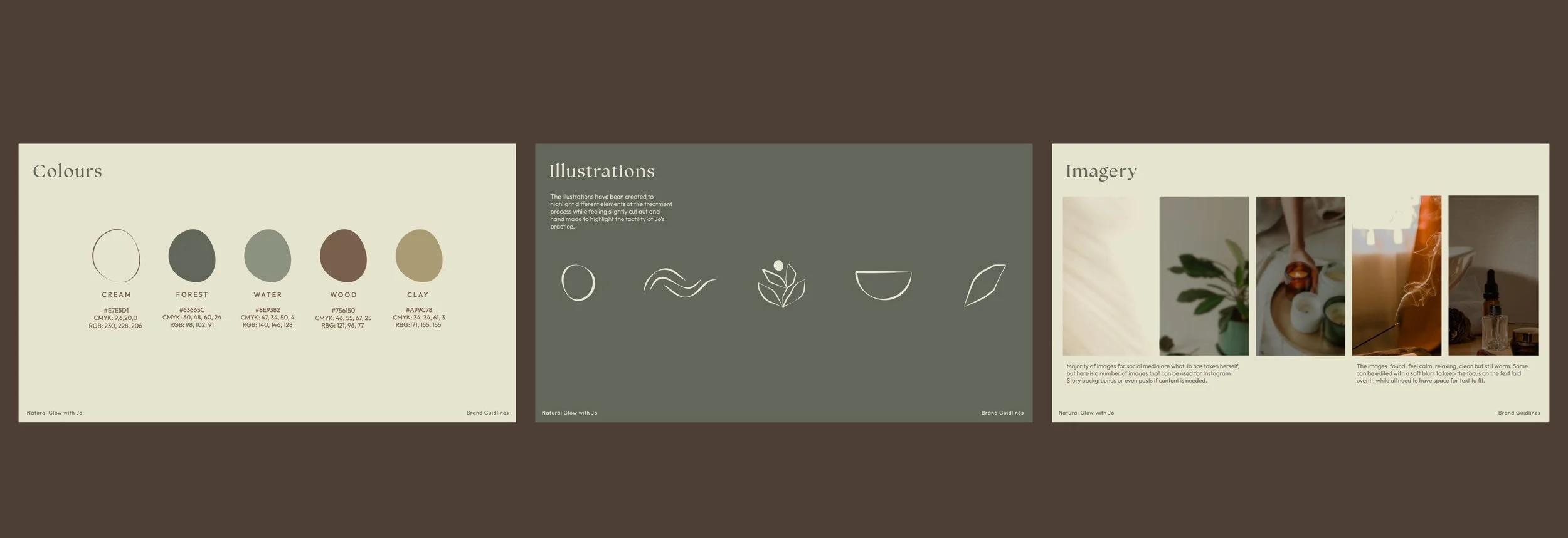 A three-panel graphic design layout with earthy tones, including color swatches labeled 'Cream,' 'Forest,' 'Water,' 'Wood,' and 'Clay,' illustrated icons, and a section of four images depicting a plant, skincare products, a candle, and aromatherapy items.