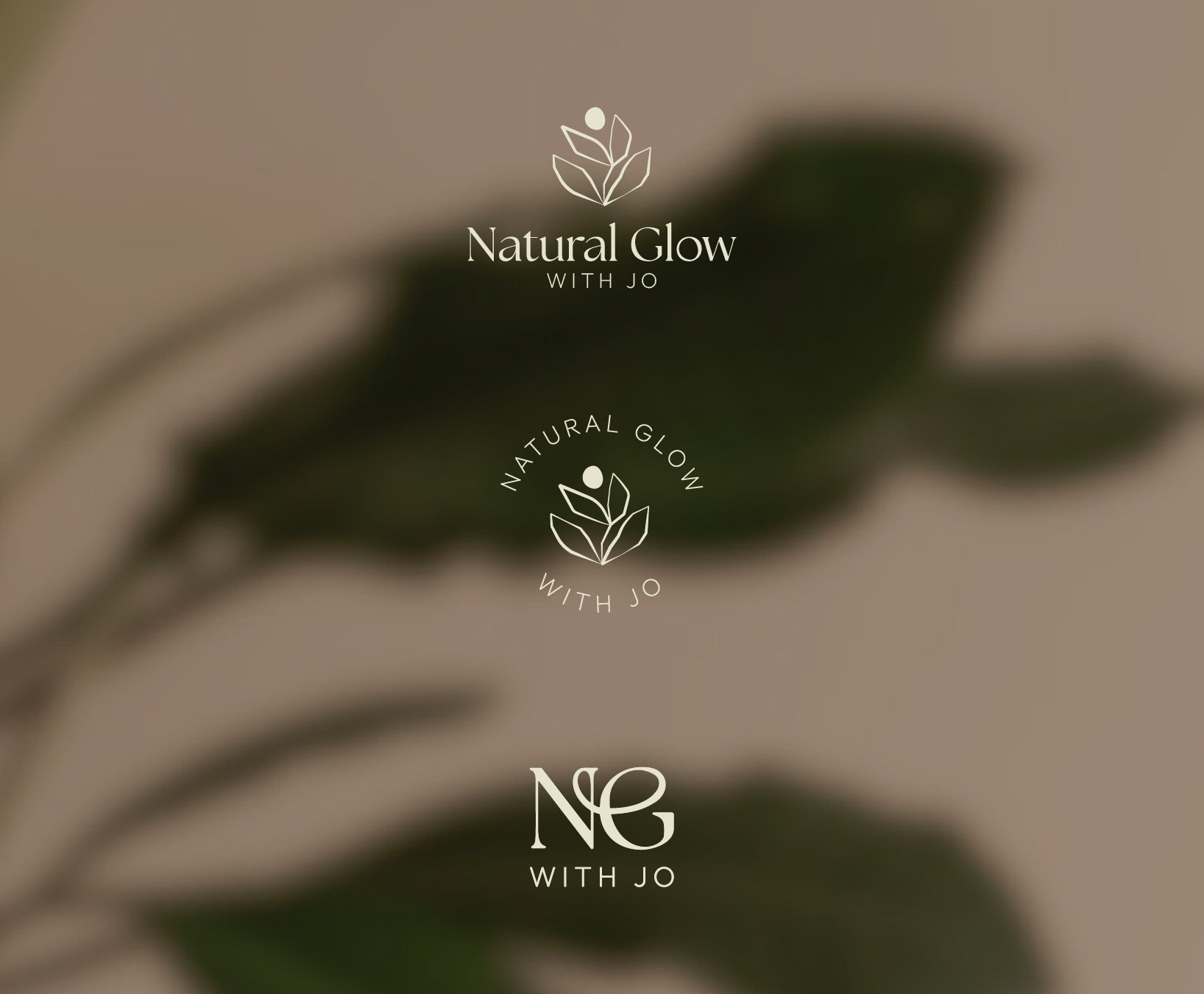 Blurred background with minimalist logo design including leaf illustrations and the words 'Natural Glow with Jo' and 'NG with Jo' in stylish fonts.
